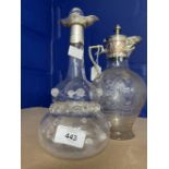 Glass and hallmarked silver collar port decanter with raised floral decoration on glass (glass