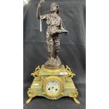 Clocks: 19th cent. Figural mantel clock, bronzed Spelter figure 'Marchand de Fleurs' (Flower Seller)