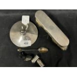 Hallmarked Silver: Items include a bachelor salt and pepper pot, hairbrush, top of powder bowl