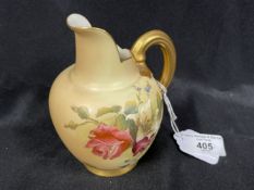 Royal Worcester: Porcelain small jug gilt handle decorated with flowers, marked Royal Worcester
