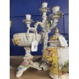 Early 20th cent. Dresden three branch candelabra in two parts encrusted with flowers 15½ins, a