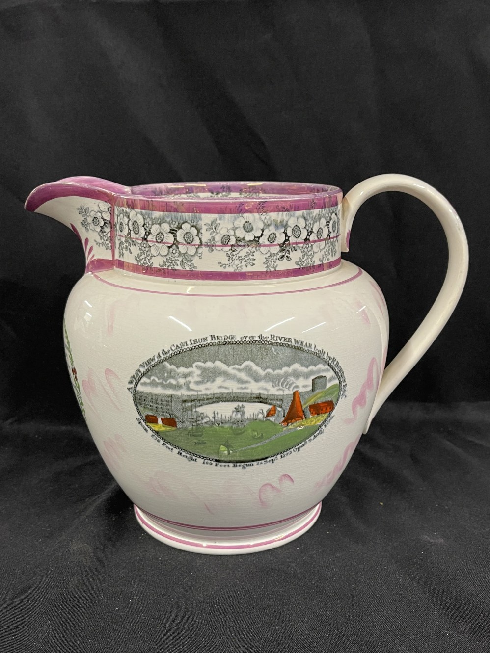 19th cent. Sunderland maritime bar printed motto ware. Large jug, three panels, Iron Bridge West