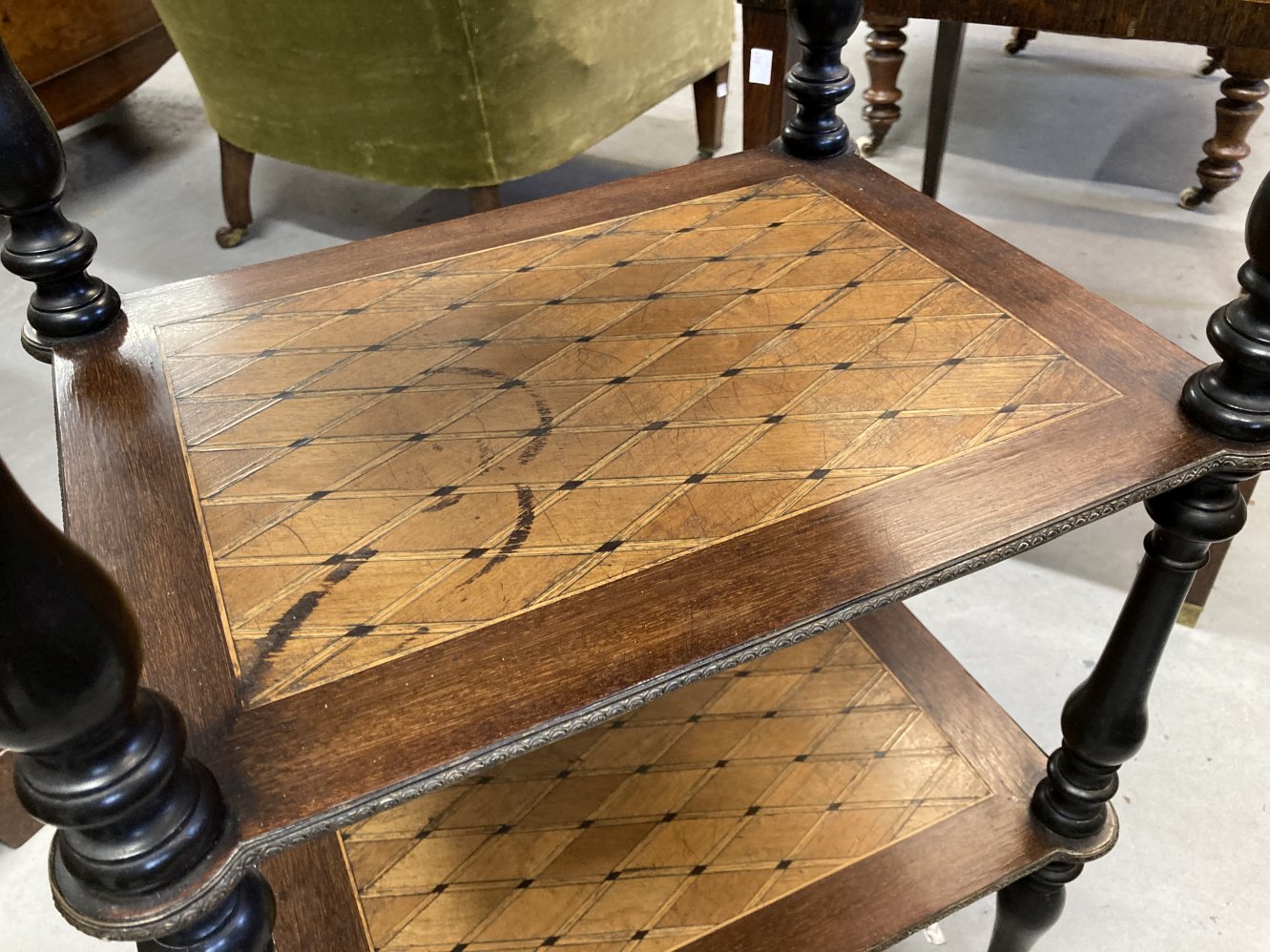 19th cent. French rosewood three tier what not with parquetry inlay, the top with brass gallery - Image 4 of 4