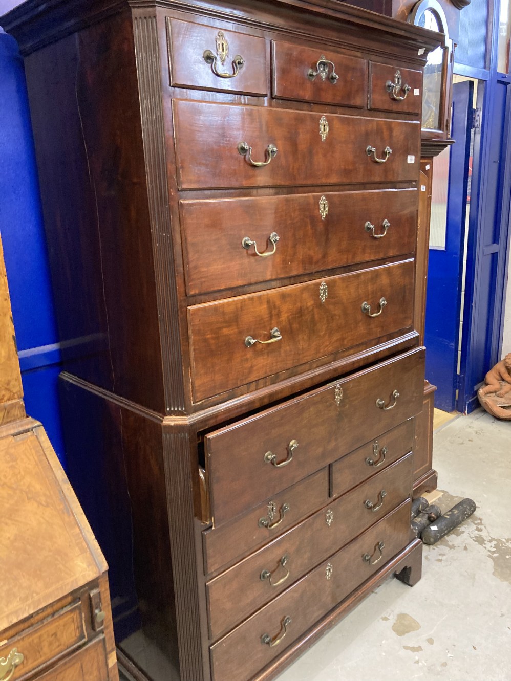 19th cent. Mahogany secretaire/chest on chest the top section comprises three short and three long - Image 2 of 6