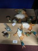 20th cent. Ceramics: Beswick flight of three ducks, goldfinch No. 2273, blue tit, bullfinch, and one