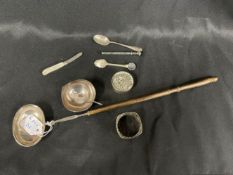 Hallmarked Silver: Objects of virtu, fruit knife, Sheffield mother of pearl handle, patch box,