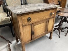 Arts style oak washstand with marble top, brass fittings and squared chamfered supports. 30ins. x