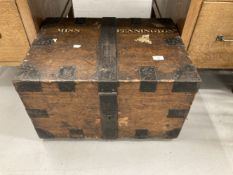 19th cent. Oak iron bound silver/valuables box. The lid stencilled with original lettering Miss