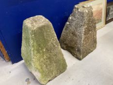 Gardenalia: Pair of rustic staddle stone bases. 26ins high.