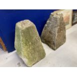 Gardenalia: Pair of rustic staddle stone bases. 26ins high.