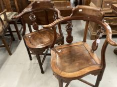 19th cent. Qing Dynasty pair of Chinese hardwood corner chairs the curved backs with two carved