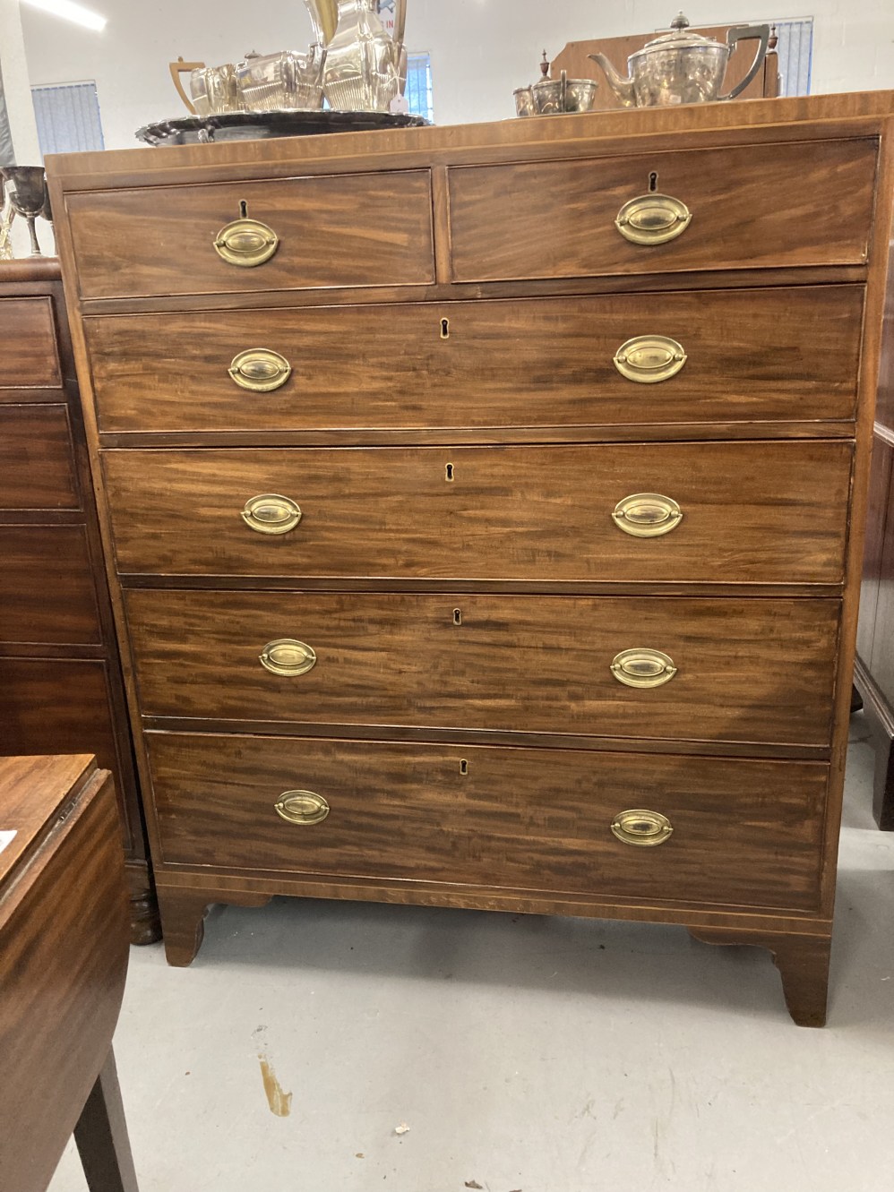 19th cent. Mahogany chest of two over four drawers on bracket supports, inlaid and cockbeaded. - Image 3 of 4