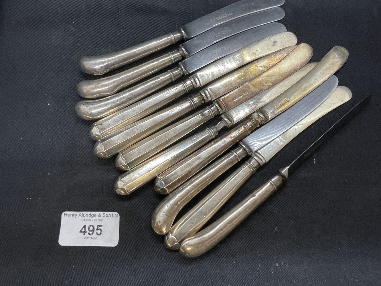 Hallmarked Silver: Butter knives, five with pistol handles, six with reed handles, all hallmarked