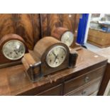 Clocks: 20th cent. Oak cased mantel clock 'Enfield Royal', plus two mahogany cased Napoleon hat