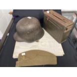 Militaria: Mixed lot to include WWII German Stahlhelm, 30 cal ammunition box, British Army side