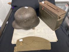 Militaria: Mixed lot to include WWII German Stahlhelm, 30 cal ammunition box, British Army side