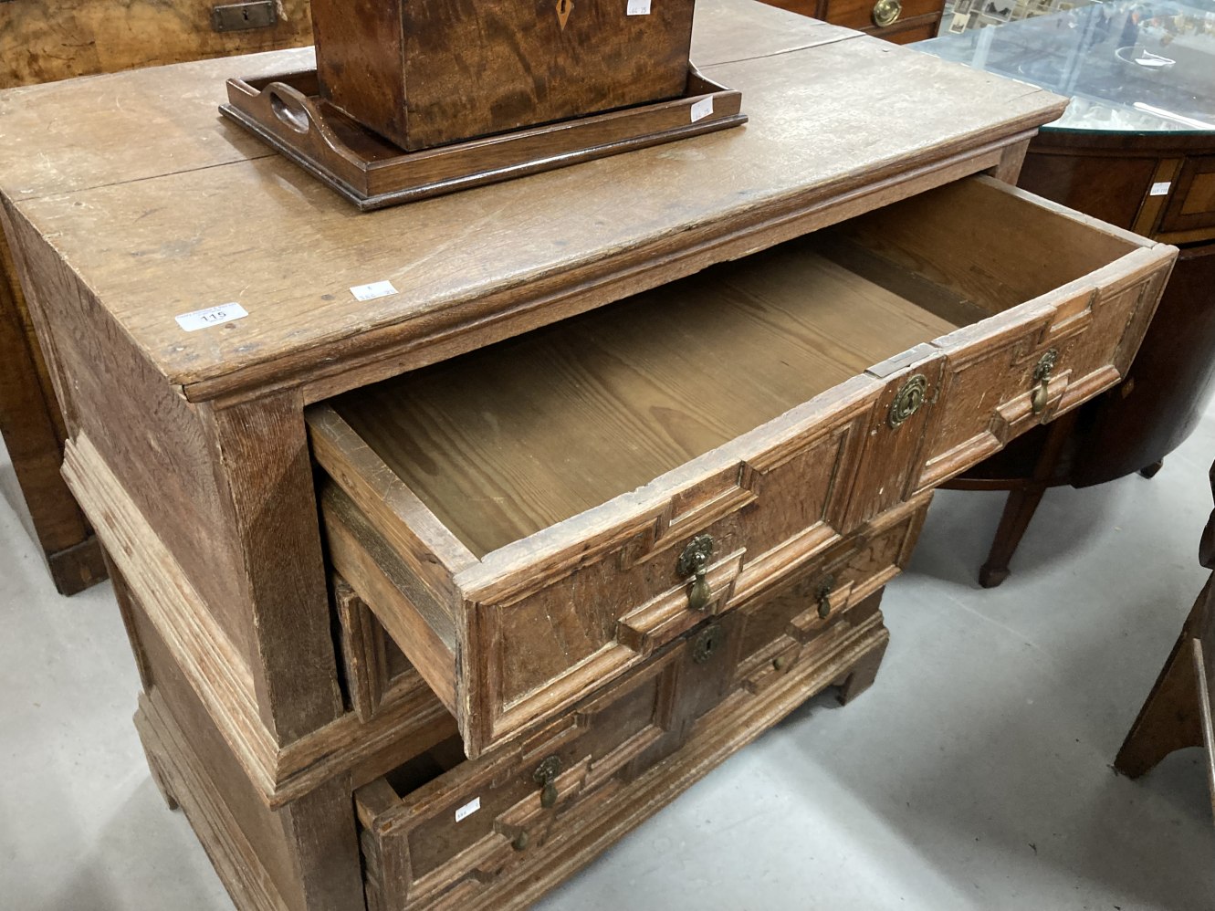 18th cent. English oak chest of four long drawers on bracket feet the moulded drawer fronts with - Image 2 of 5