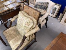 19th cent. Mahogany armchair with bergere back, plus another gilt and ebonised example.