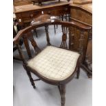 Edwardian inlaid mahogany corner chair with cross stretchers.