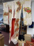 Mid 20th cent. Oriental silk wedding kimono decorated with gold line embroidery, phoenix flying