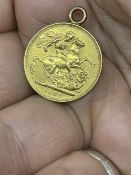 Gold Coins: 1892 old head Queen Victoria Sovereign, with chain loop addition. 8g.