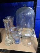 20th cent. Art Glass: Pink geometric bottle, blue wheel engraved with Nordic 6ins, plus two clear