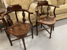 19th cent. Qing Dynasty pair of Chinese hardwood corner chairs the curved backs with two carved