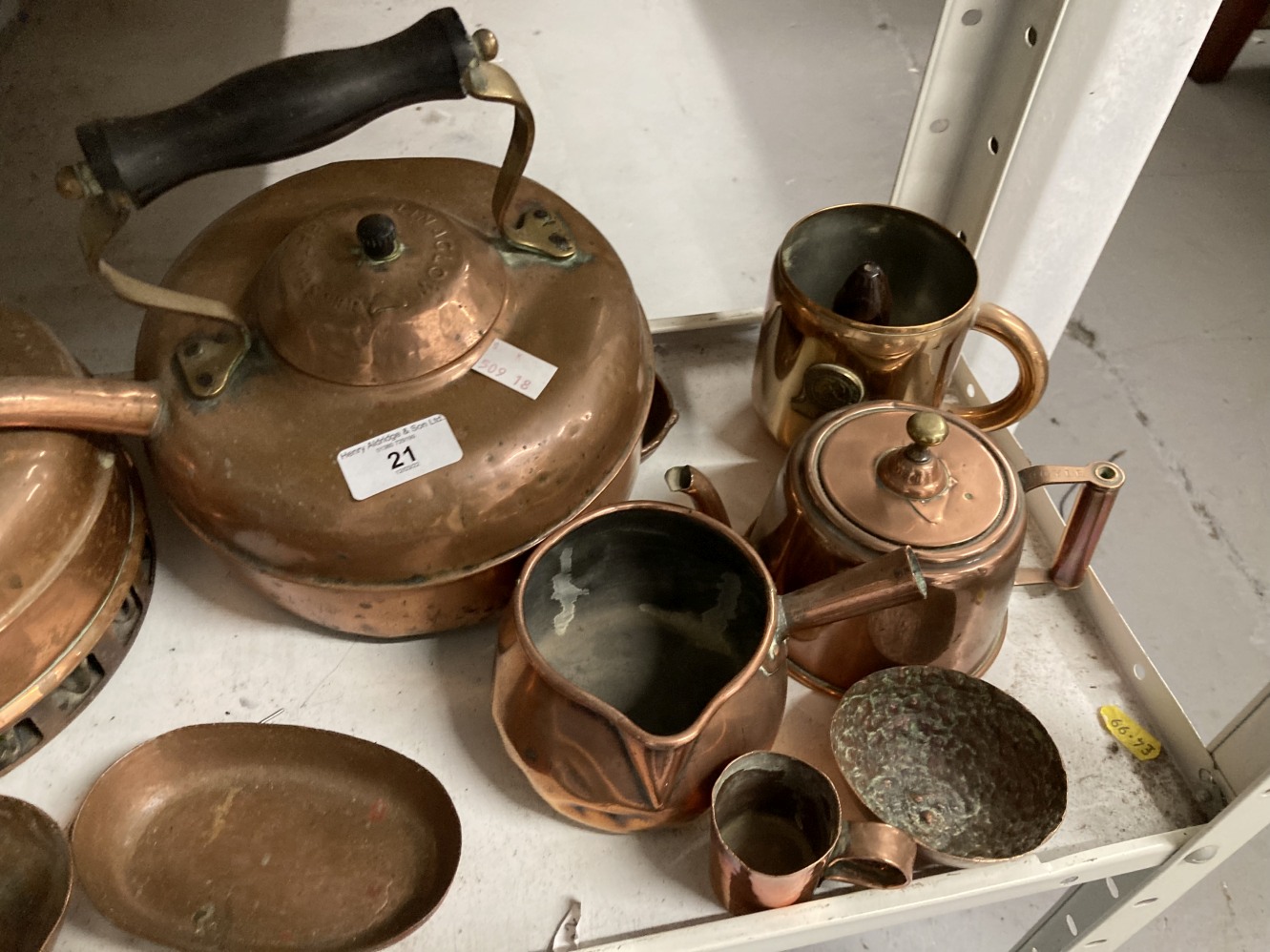 19th/20th cent. Metalware: Copper kettles x 2, chocolate and other pots, decorative mugs x 2, dishes - Image 3 of 3