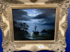20th cent. Graham Hedges: Oil on board Moonlight study of ships. 14ins. x 11ins.