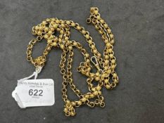 Jewellery: Yellow metal necklet fancy belcher link chain with swivel fastener, tests as 18ct gold,