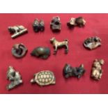 20th cent. Netsuki treen and resin birds, animals, people, etc.