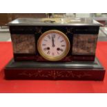 Clocks: 19th cent. French black, grey and white marble with engraved floral decoration highlighted