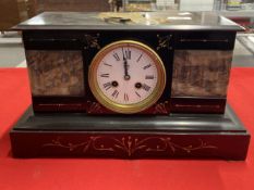 Clocks: 19th cent. French black, grey and white marble with engraved floral decoration highlighted