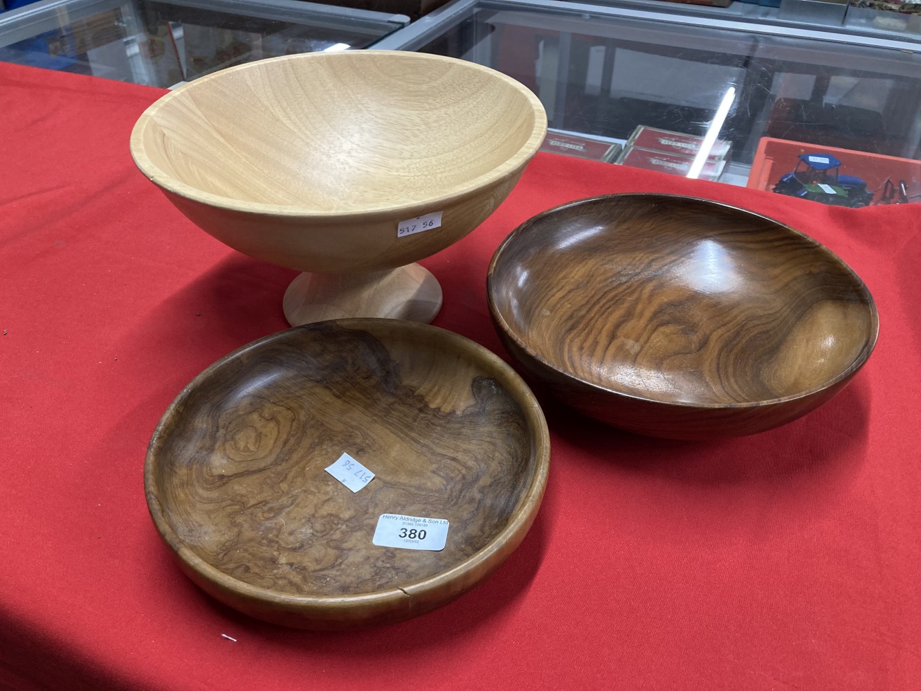 20th cent. Treen: Turned English walnut large rimmed bowl 13ins, small limewood bowl 5ins, block - Image 2 of 6