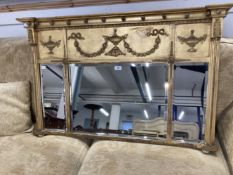 19th cent. Gilt over mantel mirror with a sphere decorated cornice over a frieze with swags and