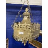 Lighting: Gothic brass hanging lamp possibly ecumenical Pugin influence with classical script. Later