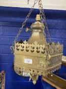 Lighting: Gothic brass hanging lamp possibly ecumenical Pugin influence with classical script. Later