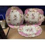 19th cent. English Porcelain: cabinet plates, pink ground with exotic birds in the central panel