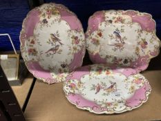 19th cent. English Porcelain: cabinet plates, pink ground with exotic birds in the central panel