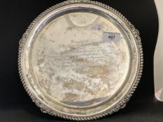 Hallmarked Silver: Salver with gadrooned rim on bracket feet, makers Martin Hall & Co. Sheffield