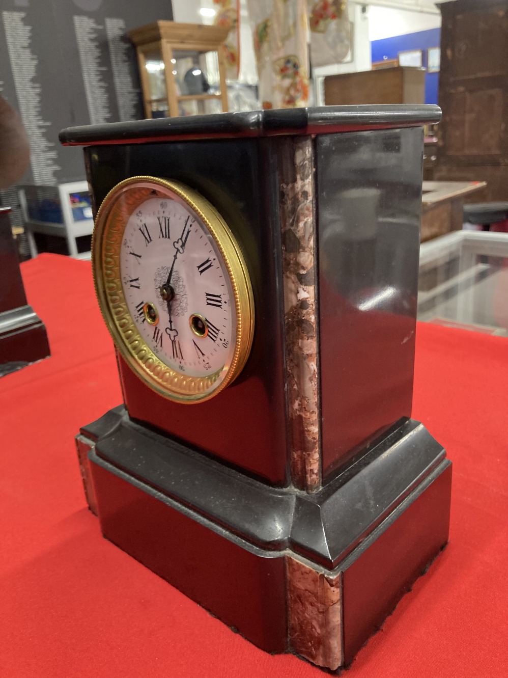 Clocks: 19th cent. French black and brown/red marble mantel clock, enamelled face with Roman - Image 2 of 5