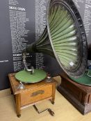 Mechanical Music Property of Local Collector. Gramophones: Robey Phone tin horn gramophone on oak