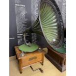 Mechanical Music Property of Local Collector. Gramophones: Robey Phone tin horn gramophone on oak