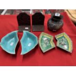 Chinese bat shaped bowls, a pair, famille verte dishes, a pair, lacquer bookends, a pair and a brass