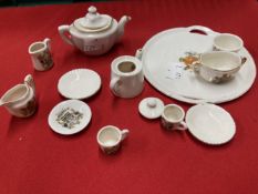 20th cent. Ceramics: Gemma ware miniature tea set, crested 'Dieu et mon droit' tray teapot, jug,