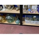 20th cent. Glass: Green glass Birossa gaslight 18ins, amber bulbous shape bottle 15ins, blue