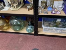 20th cent. Glass: Green glass Birossa gaslight 18ins, amber bulbous shape bottle 15ins, blue