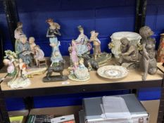 Continental Porcelain: Various figures to include a mother and children, young couples, a golfer,