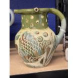 West Country Pottery: Lauder Barum puzzle jug fish and seaweed decoration, inscribed to base