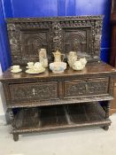 19th cent. Northern European sideboard/court cupboard with heavily carved front and back. 55ins. x